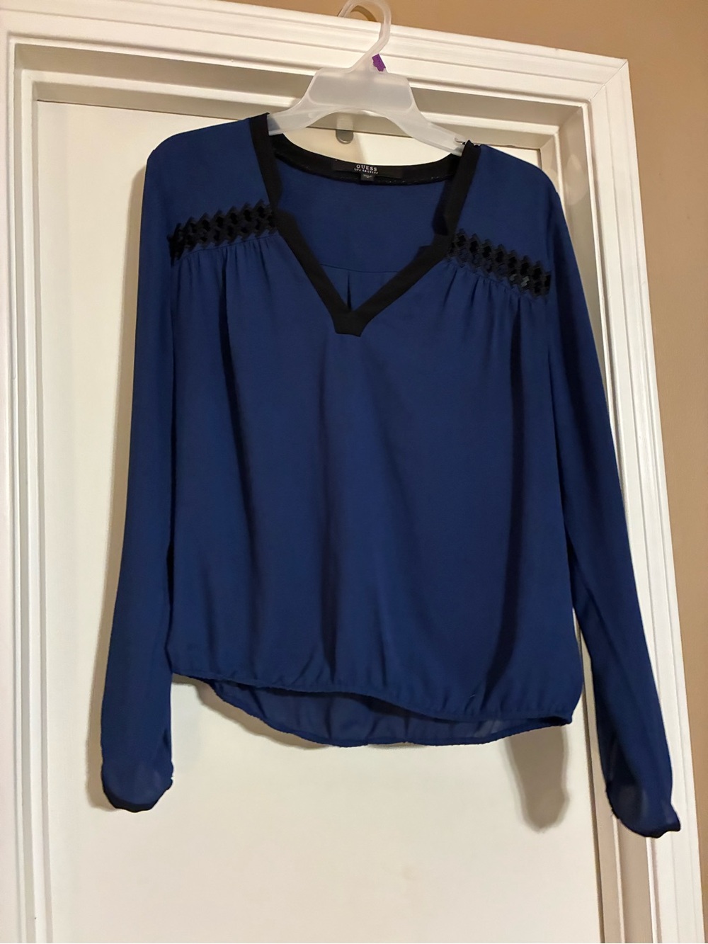 Guess Royal Blue Long Sleeve V-Neck Blouse with Black Trim